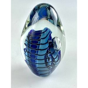 Robert Eickholt Signed Glass Paperweight 1997 ESCH Blue Black Controlled Bubble